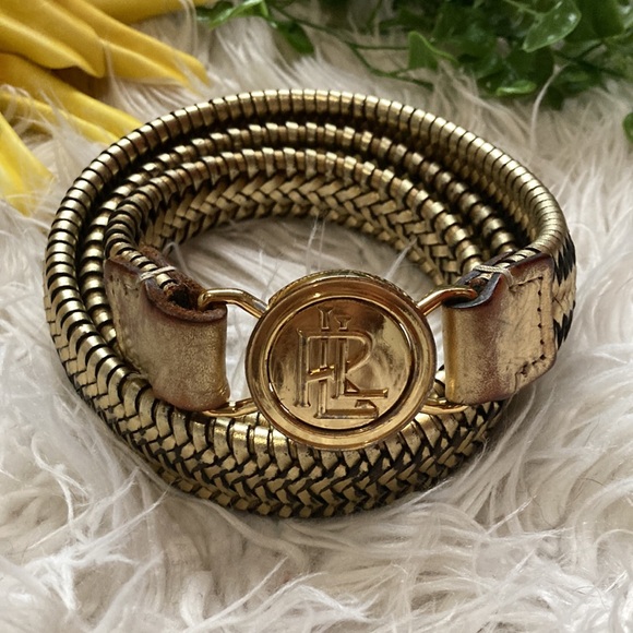Ralph Lauren LAUREN LRL Gold Braided Leather Belt Gold Snap Lock Size M/L - Picture 2 of 4